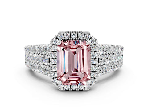 White gold Emerald Cut Halo Pavé Diamond Engagement Ring with Split Shank and Four-Prong Setting