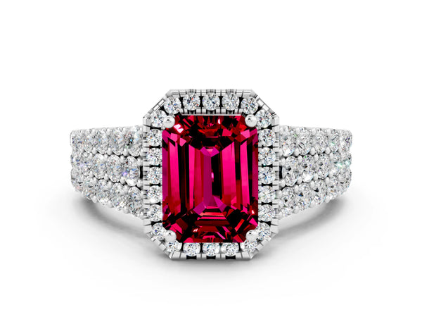 White gold Emerald Cut Garnet Halo Engagement Ring with Triple Row Round Pavé Band and Prong Setting
