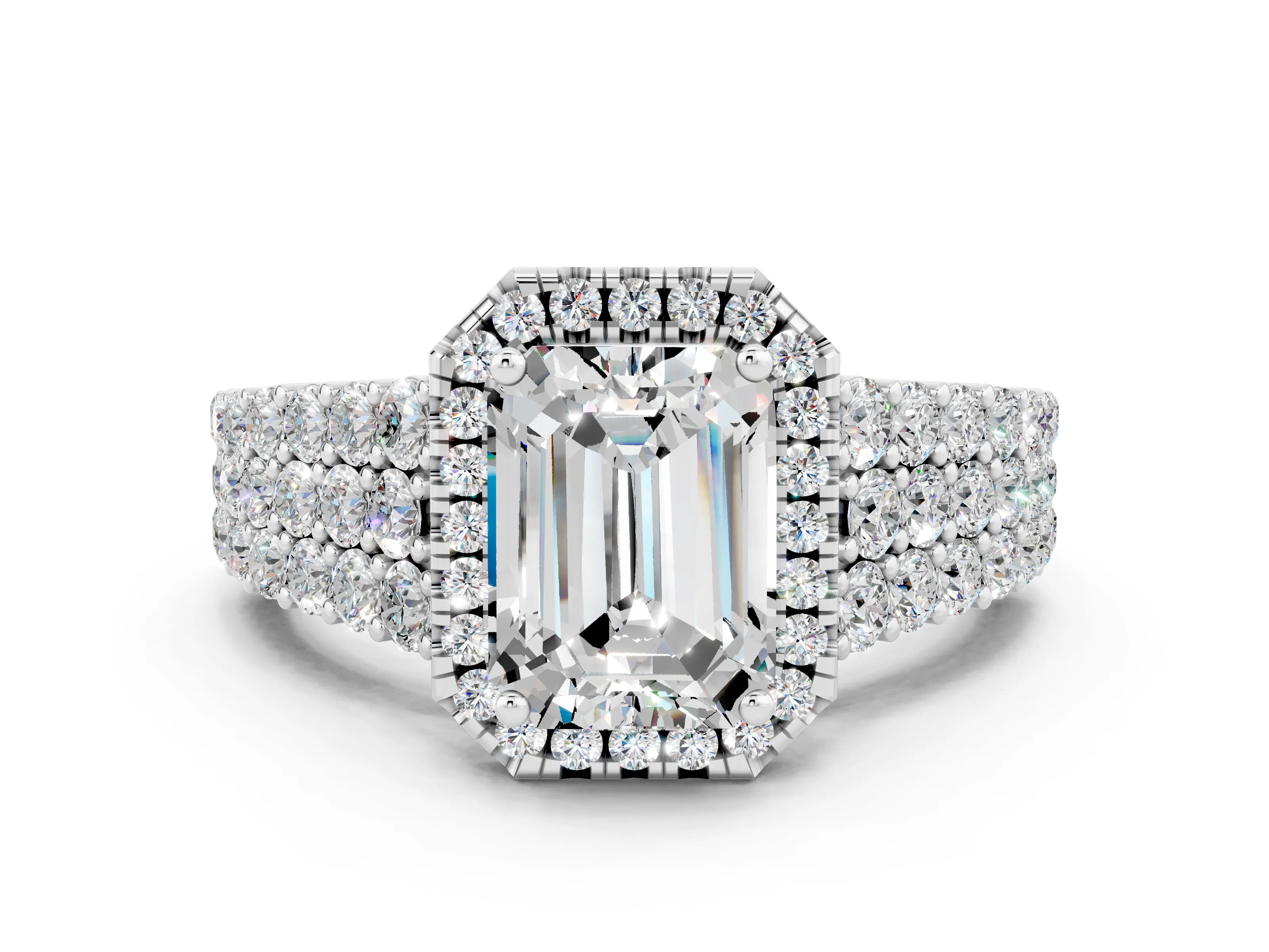 White gold Emerald Cut Halo Pavé Diamond Engagement Ring with Split Shank and Four-Prong Setting
