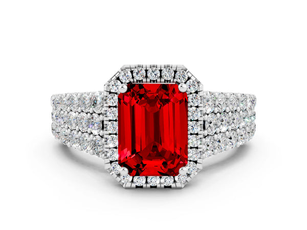 White gold Emerald Cut Halo Pavé Diamond Engagement Ring with Split Shank and Four-Prong Setting