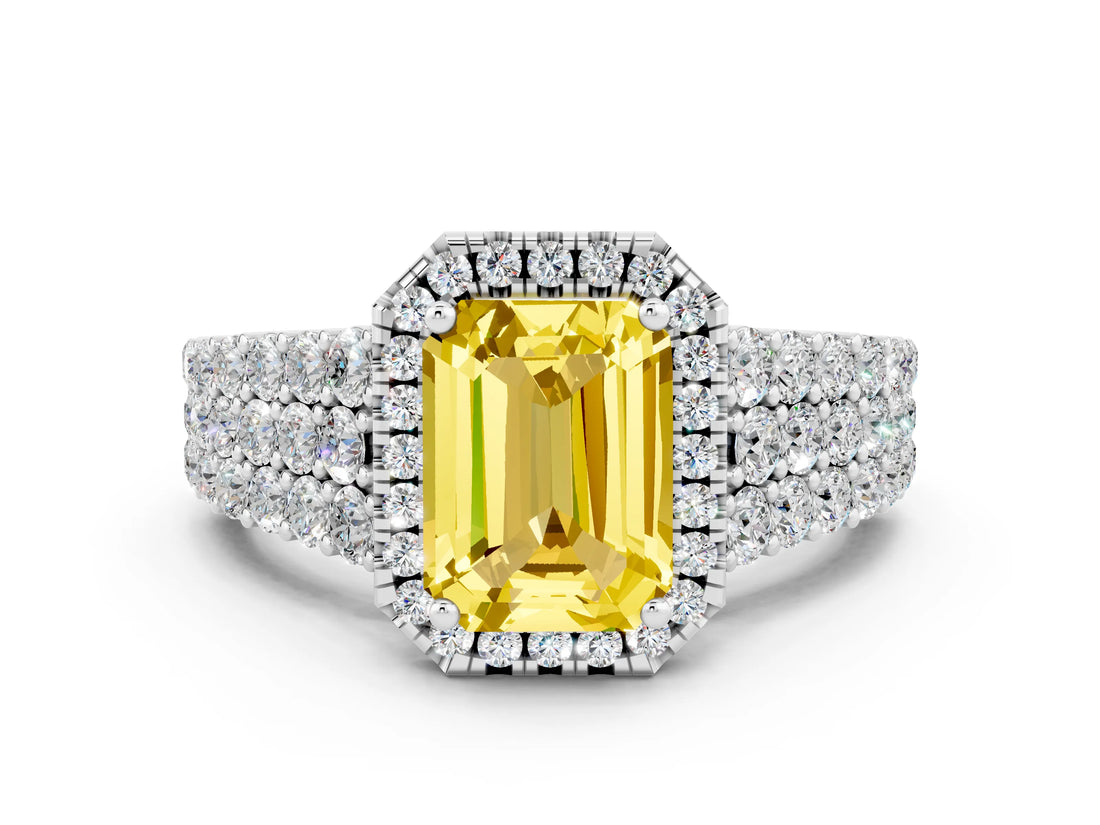 White gold Emerald Cut Halo Pavé Diamond Engagement Ring with Split Shank and Four-Prong Setting