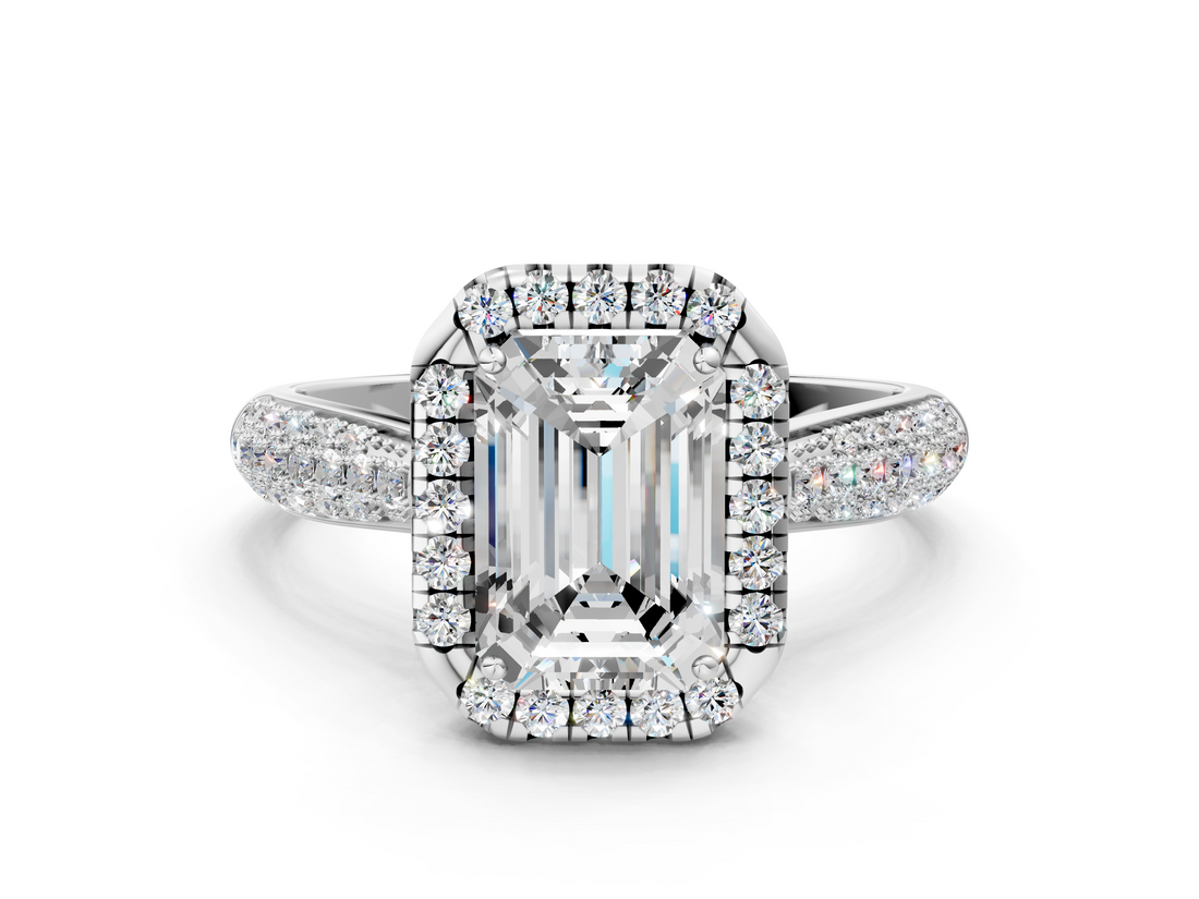 White gold Emerald Cut Halo Pave Band Four-Prong Setting Ring_37