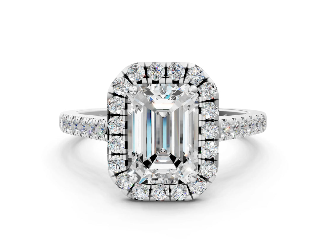 White gold Emerald Cut Halo Pave Diamond Engagement Ring with Four-Prong Setting_8