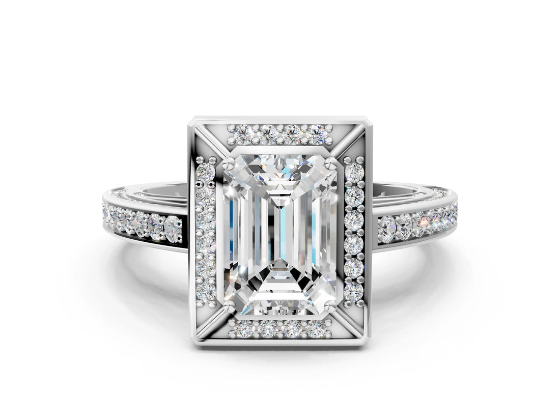 White gold Emerald Cut Halo Pave Split Shank Prong Setting Ring_61