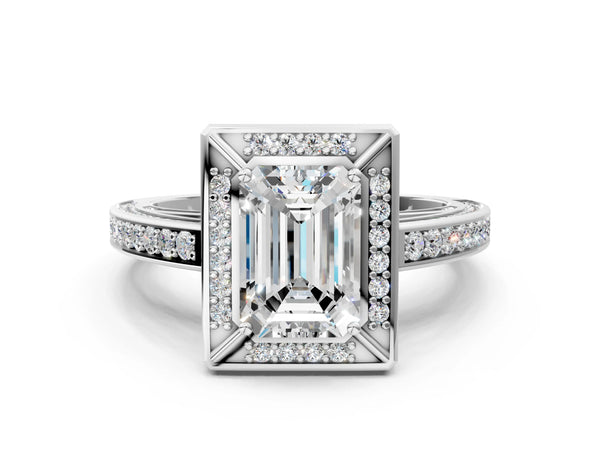 White Gold Emerald Cut Halo Engagement Ring Setting with Corner Bars, Pave Band and Accented Gallery