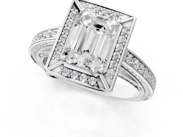 White Gold Emerald Cut Halo Engagement Ring Setting with Corner Bars, Pave Band and Accented Gallery