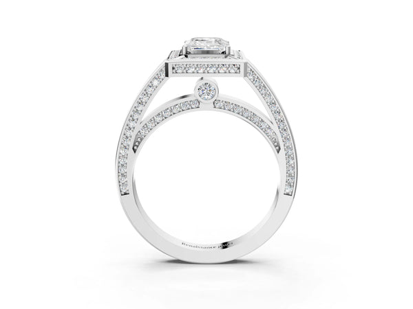 White Gold Emerald Cut Halo Engagement Ring Setting with Corner Bars, Pave Band and Accented Gallery