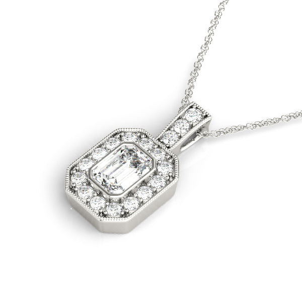 White gold Emerald Cut Halo Pendant with Milgrain Detail 1
