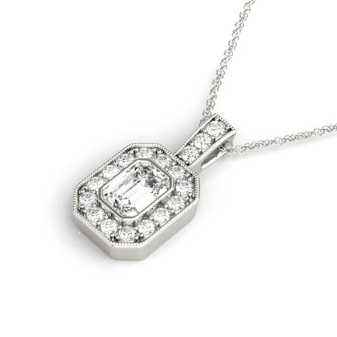 White gold Emerald Cut Halo Pendant with Milgrain Detail 1