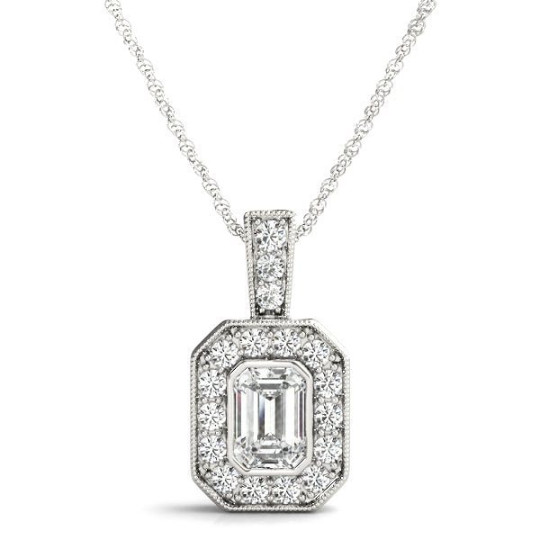 White gold Emerald Cut Halo Pendant with Milgrain Detail