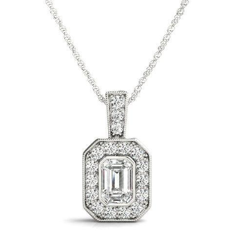 White gold Emerald Cut Halo Pendant with Milgrain Detail
