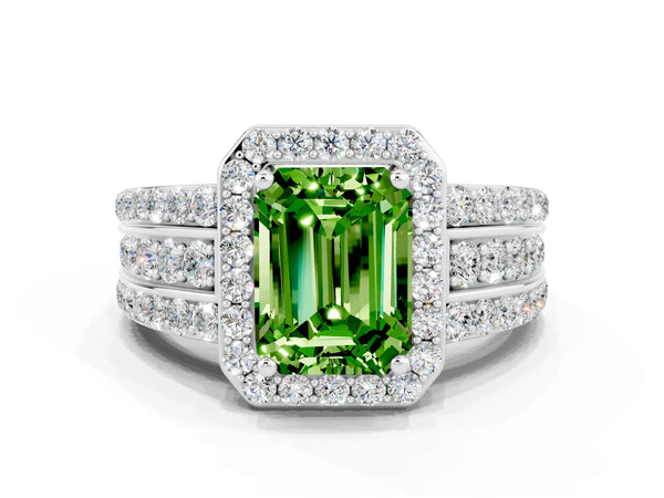 White gold Emerald Cut Halo Peridot Ring with Round  Split Shank and Prong Setting