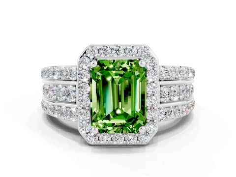 White gold Emerald Cut Halo Peridot Ring with Round  Split Shank and Prong Setting_12
