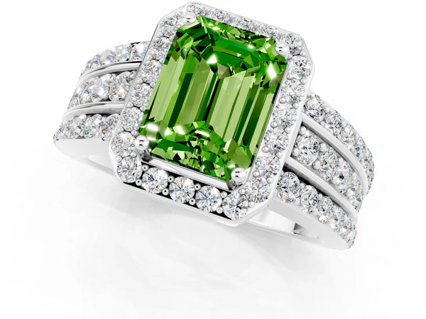 Silver Emerald Cut Halo Peridot Ring with Round  Split Shank and Prong Setting
