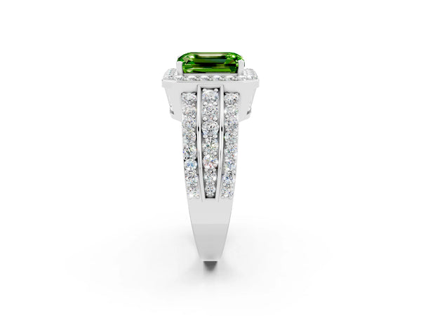 Platinum Emerald Cut Halo Peridot Ring with Round  Split Shank and Prong Setting