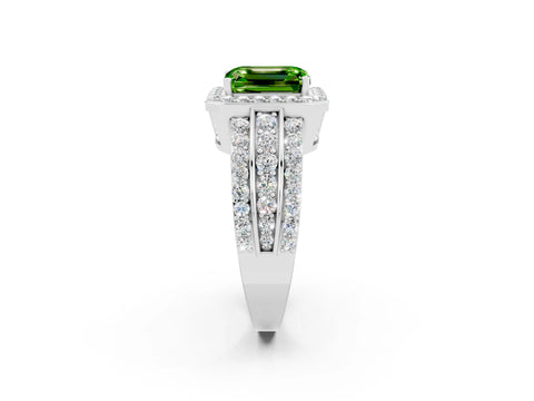 White gold Emerald Cut Halo Peridot Ring with Round  Split Shank and Prong Setting_14