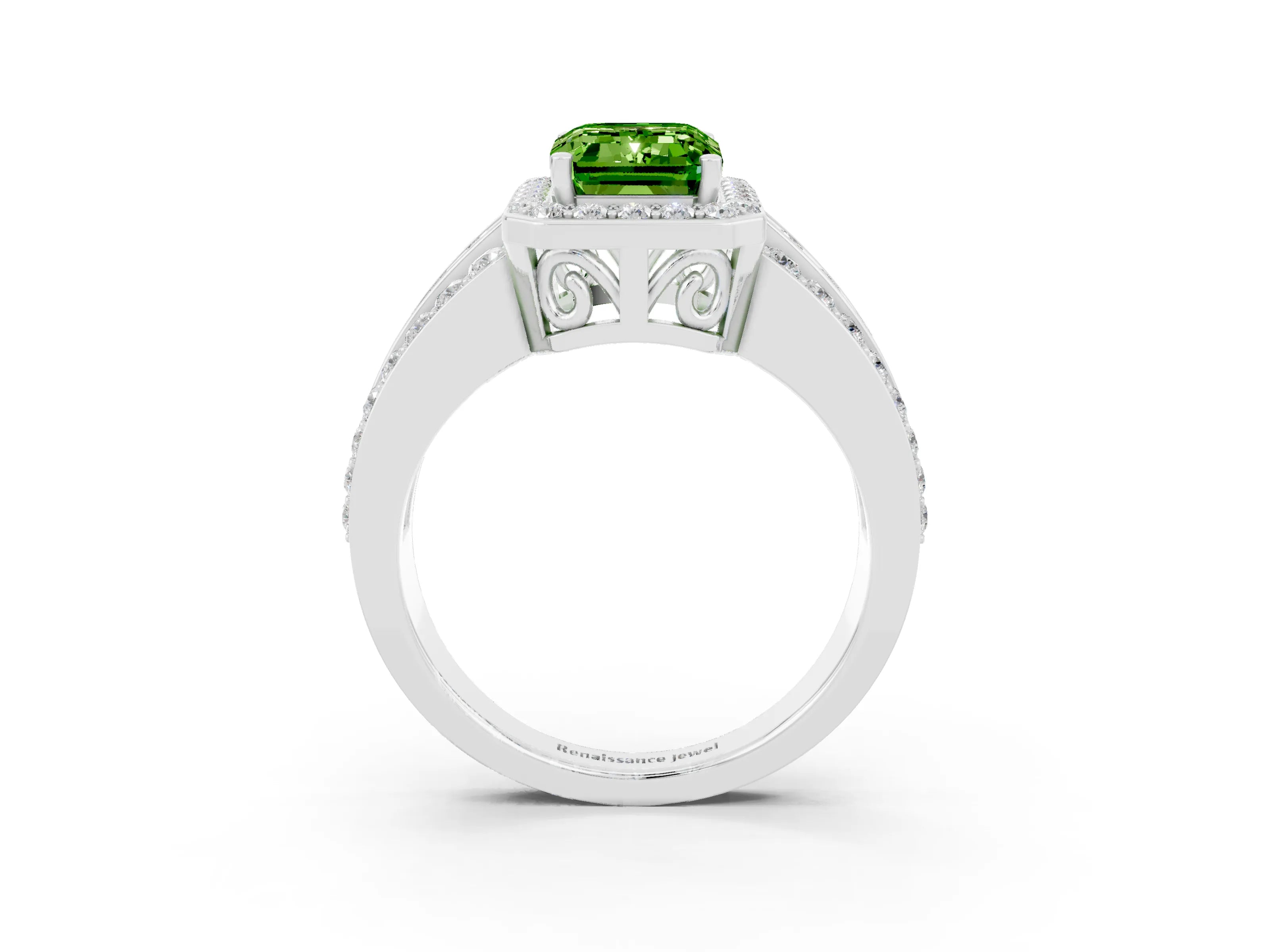 White gold Emerald Cut Halo Peridot Ring with Round  Split Shank and Prong Setting_15