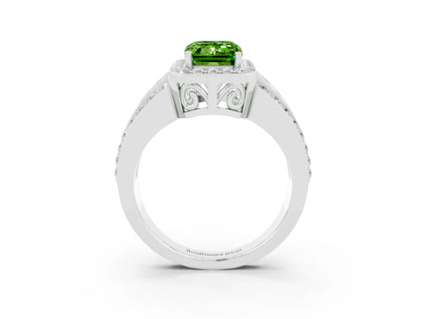 White gold Emerald Cut Halo Peridot Ring with Round  Split Shank and Prong Setting_15