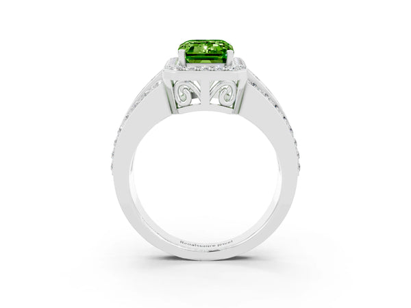 White gold Emerald Cut Halo Peridot Ring with Round  Split Shank and Prong Setting