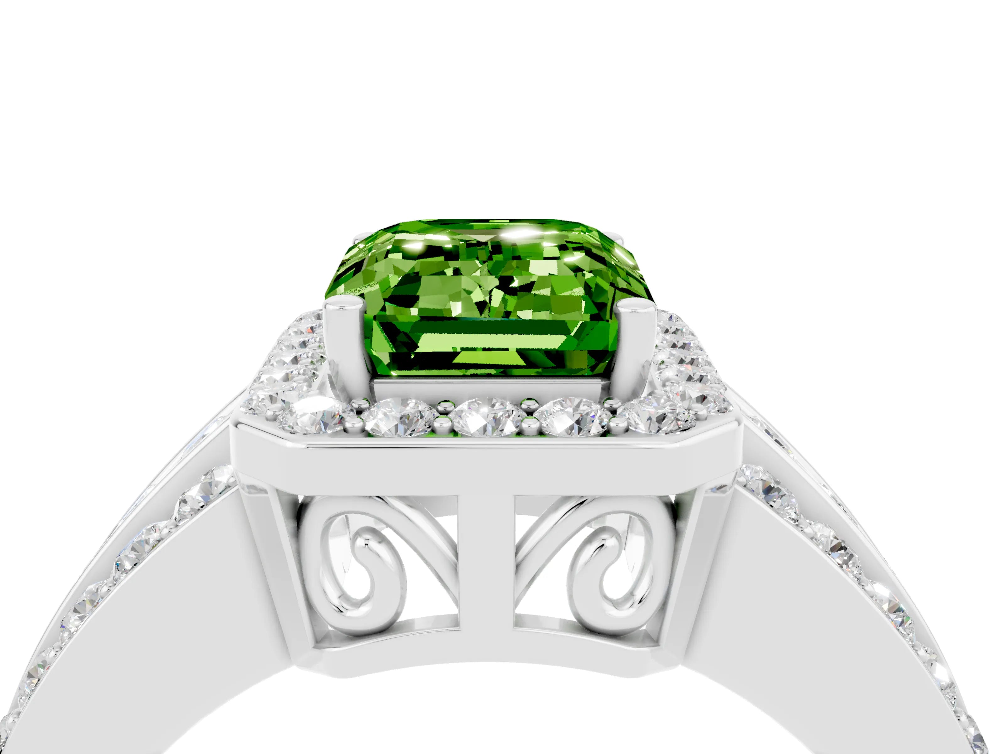 White gold Emerald Cut Halo Peridot Ring with Round  Split Shank and Prong Setting_16