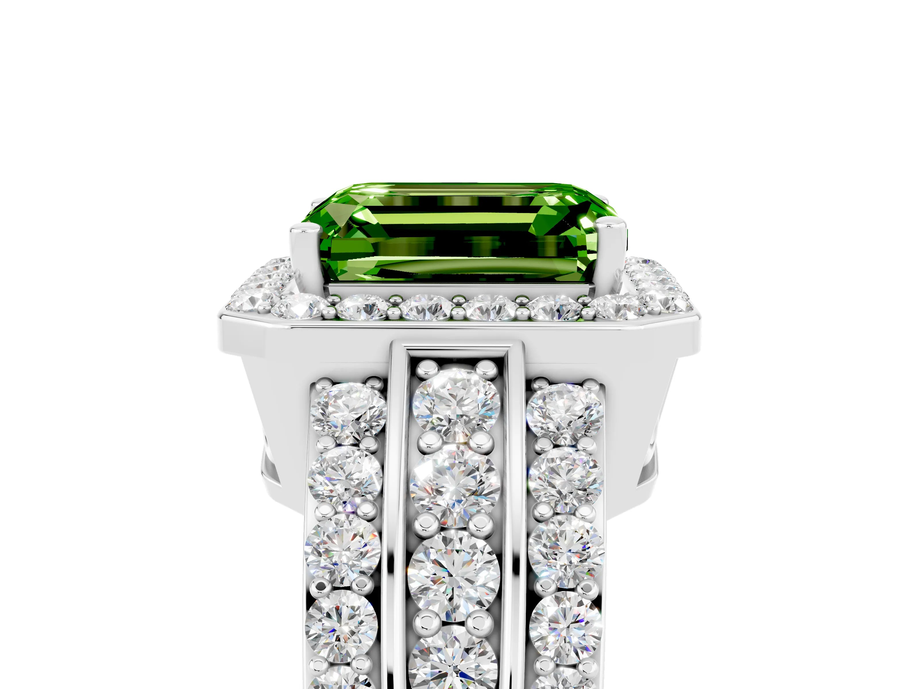 White gold Emerald Cut Halo Peridot Ring with Round  Split Shank and Prong Setting_17