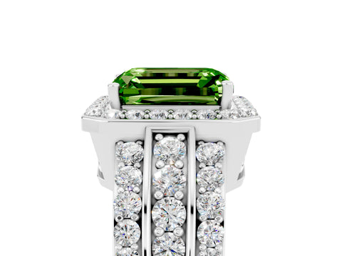 White gold Emerald Cut Halo Peridot Ring with Round  Split Shank and Prong Setting_17