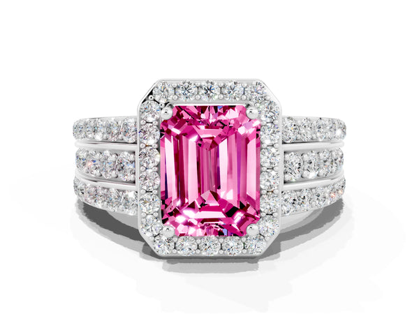 Platinum Emerald Cut Halo Pink Sapphire Ring with Round  Split Shank and Prong Setting