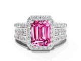 White gold Emerald Cut Halo Pink Sapphire Ring with Round  Split Shank and Prong Setting_36