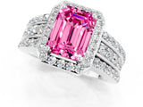 White gold Emerald Cut Halo Pink Sapphire Ring with Round  Split Shank and Prong Setting_37