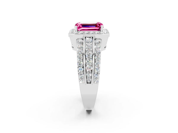 Platinum Emerald Cut Halo Pink Sapphire Ring with Round  Split Shank and Prong Setting