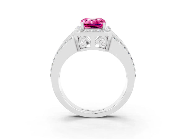 Platinum Emerald Cut Halo Pink Sapphire Ring with Round  Split Shank and Prong Setting