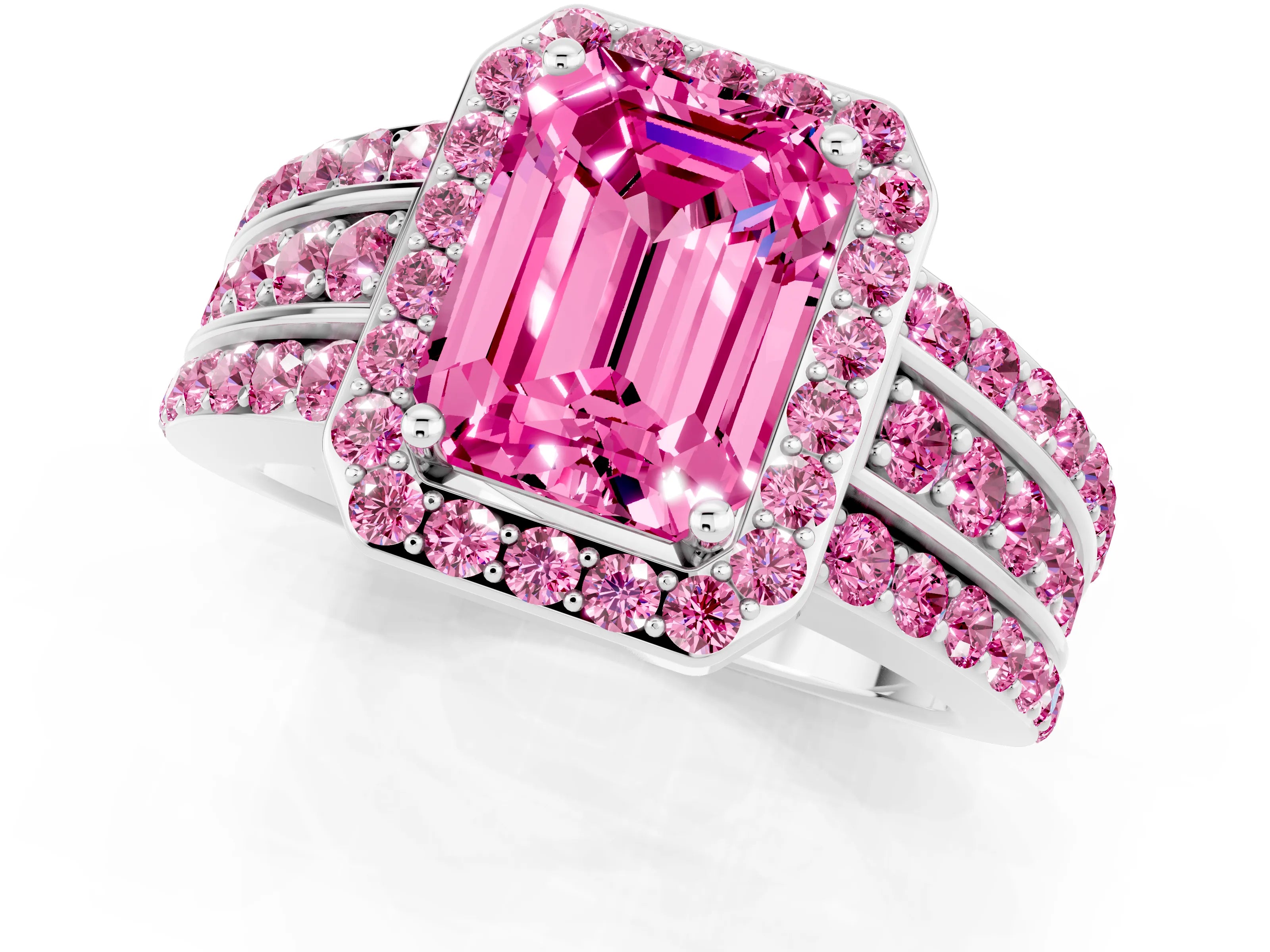 White gold Emerald Cut Halo Pink Sapphire Ring with Split Shank and Four-Prong Setting_1