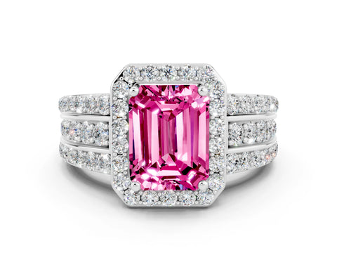 White gold Emerald Cut Halo Pink Sapphire Ring with Split Shank and Four-Prong Setting_24