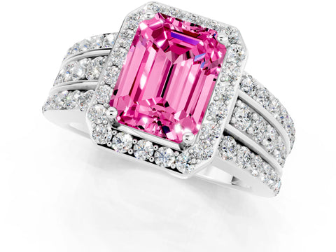 White gold Emerald Cut Halo Pink Sapphire Ring with Split Shank and Four-Prong Setting_25