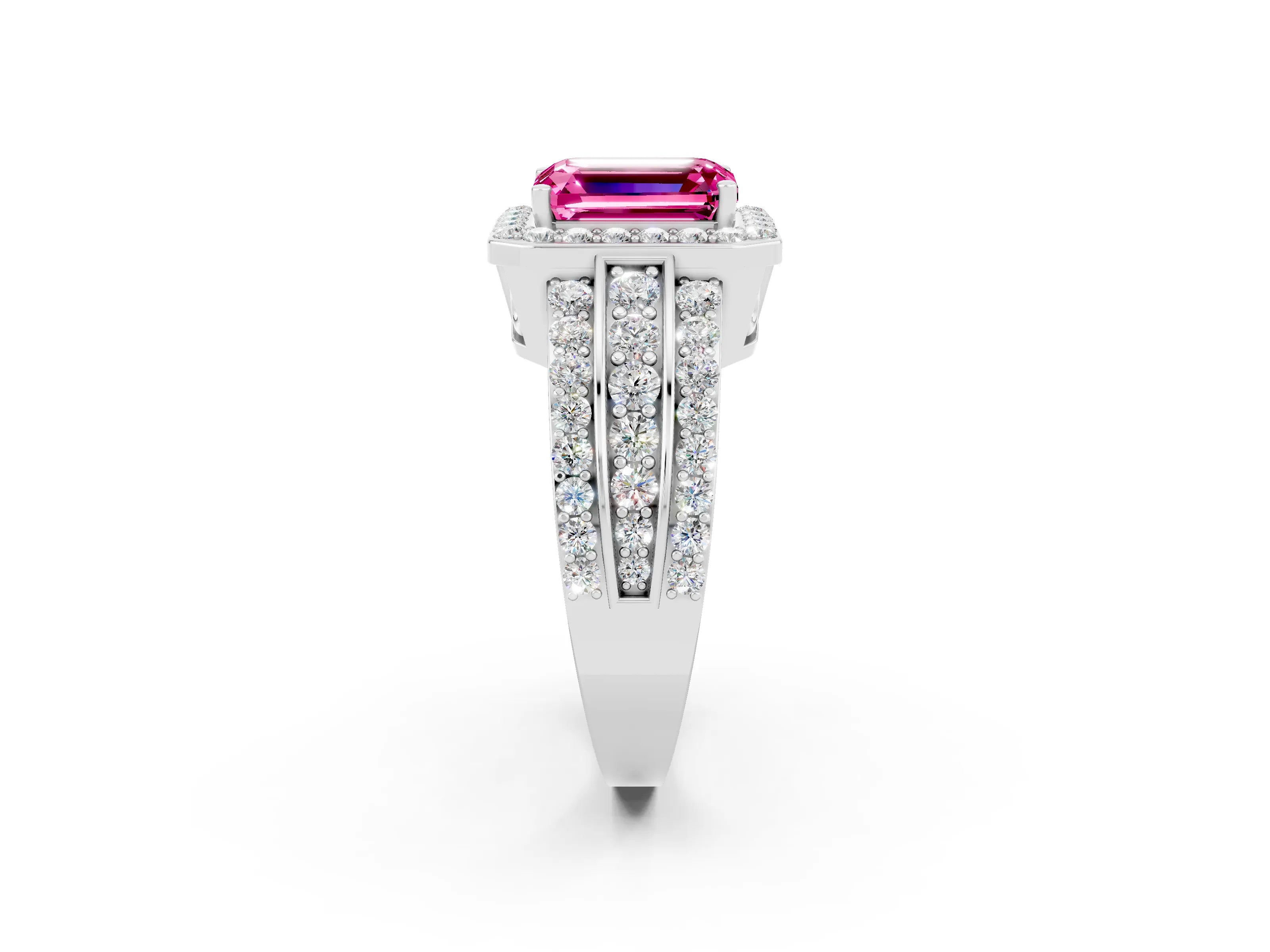 White gold Emerald Cut Halo Pink Sapphire Ring with Split Shank and Four-Prong Setting_26
