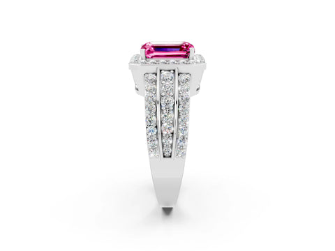 White gold Emerald Cut Halo Pink Sapphire Ring with Split Shank and Four-Prong Setting_26