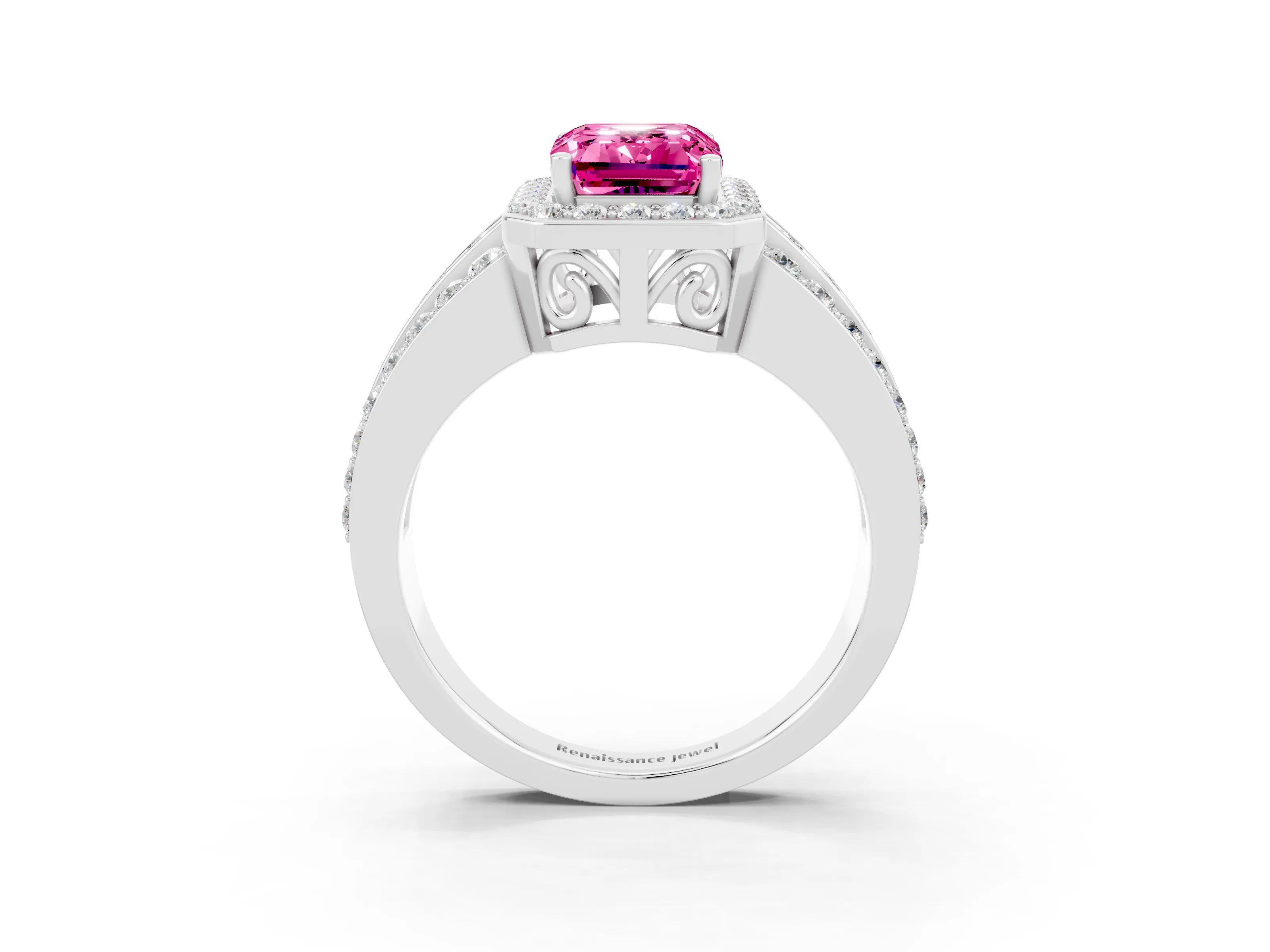 White gold Emerald Cut Halo Pink Sapphire Ring with Split Shank and Four-Prong Setting_27