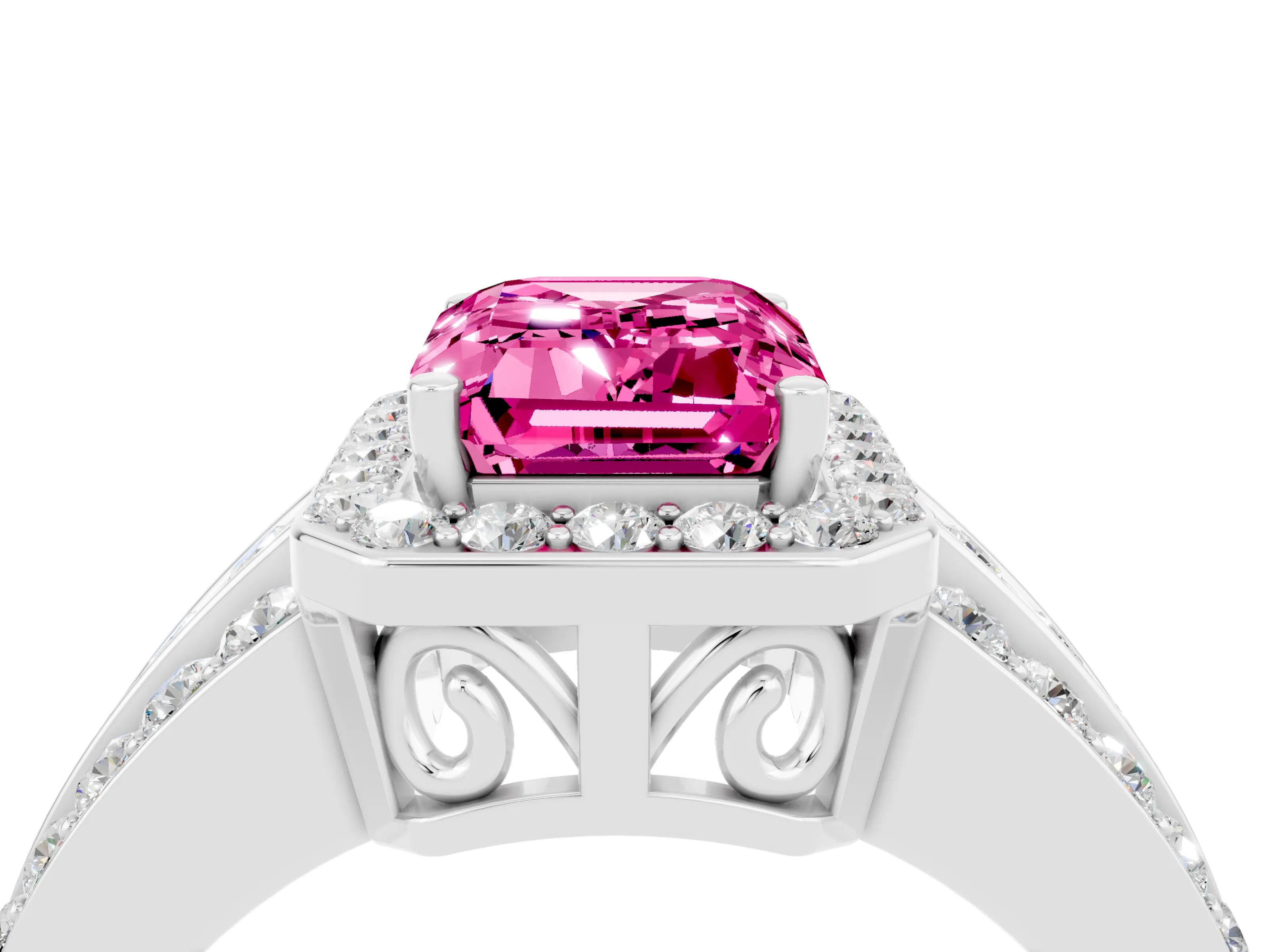White gold Emerald Cut Halo Pink Sapphire Ring with Split Shank and Four-Prong Setting_28
