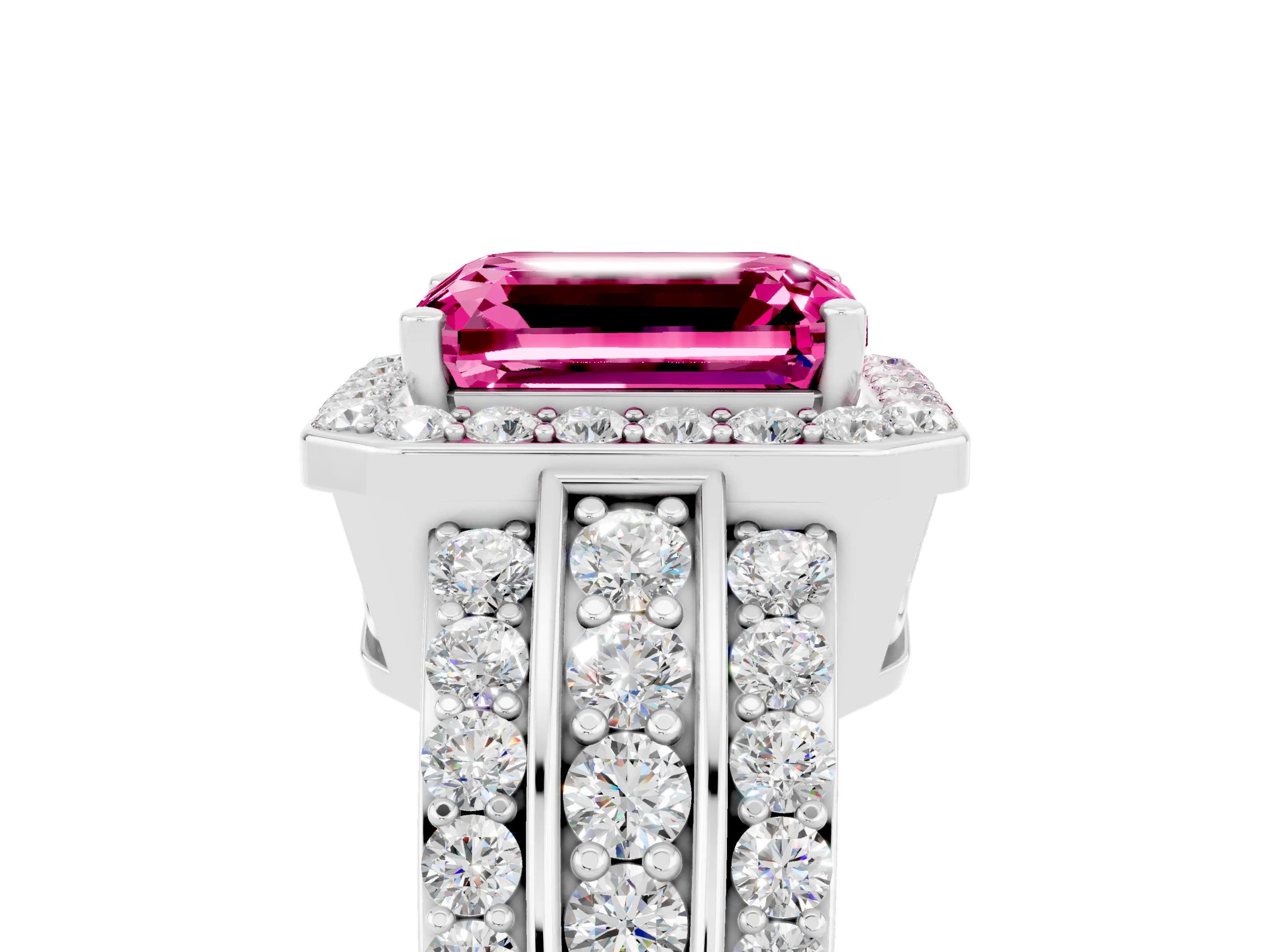 White gold Emerald Cut Halo Pink Sapphire Ring with Split Shank and Four-Prong Setting_29