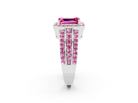 White gold Emerald Cut Halo Pink Sapphire Ring with Split Shank and Four-Prong Setting_2