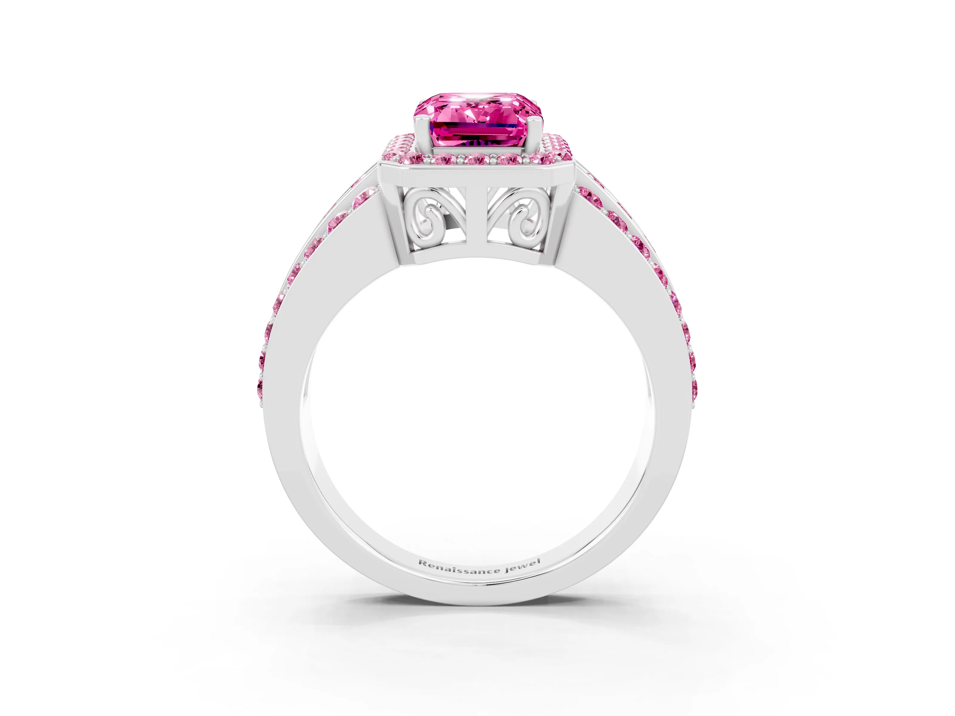 White gold Emerald Cut Halo Pink Sapphire Ring with Split Shank and Four-Prong Setting_3
