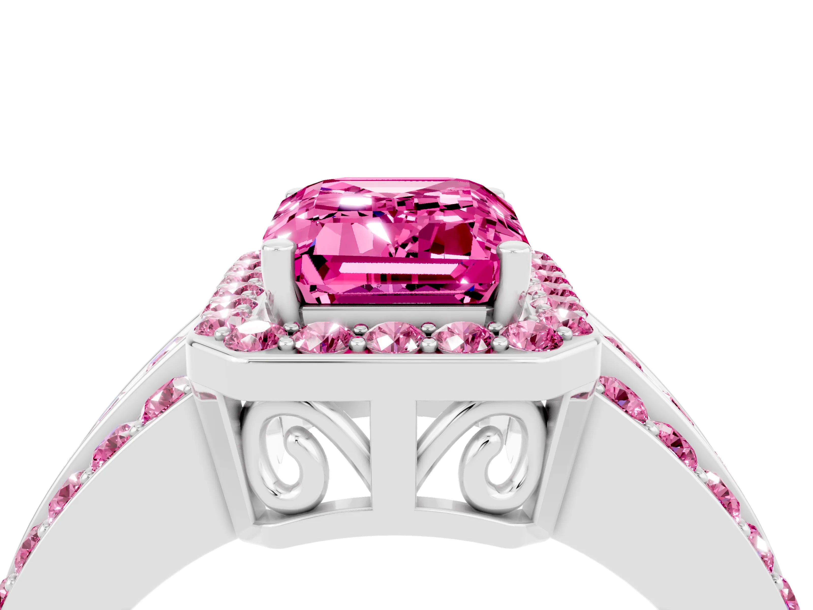 White gold Emerald Cut Halo Pink Sapphire Ring with Split Shank and Four-Prong Setting_4
