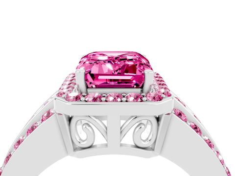 White gold Emerald Cut Halo Pink Sapphire Ring with Split Shank and Four-Prong Setting_4