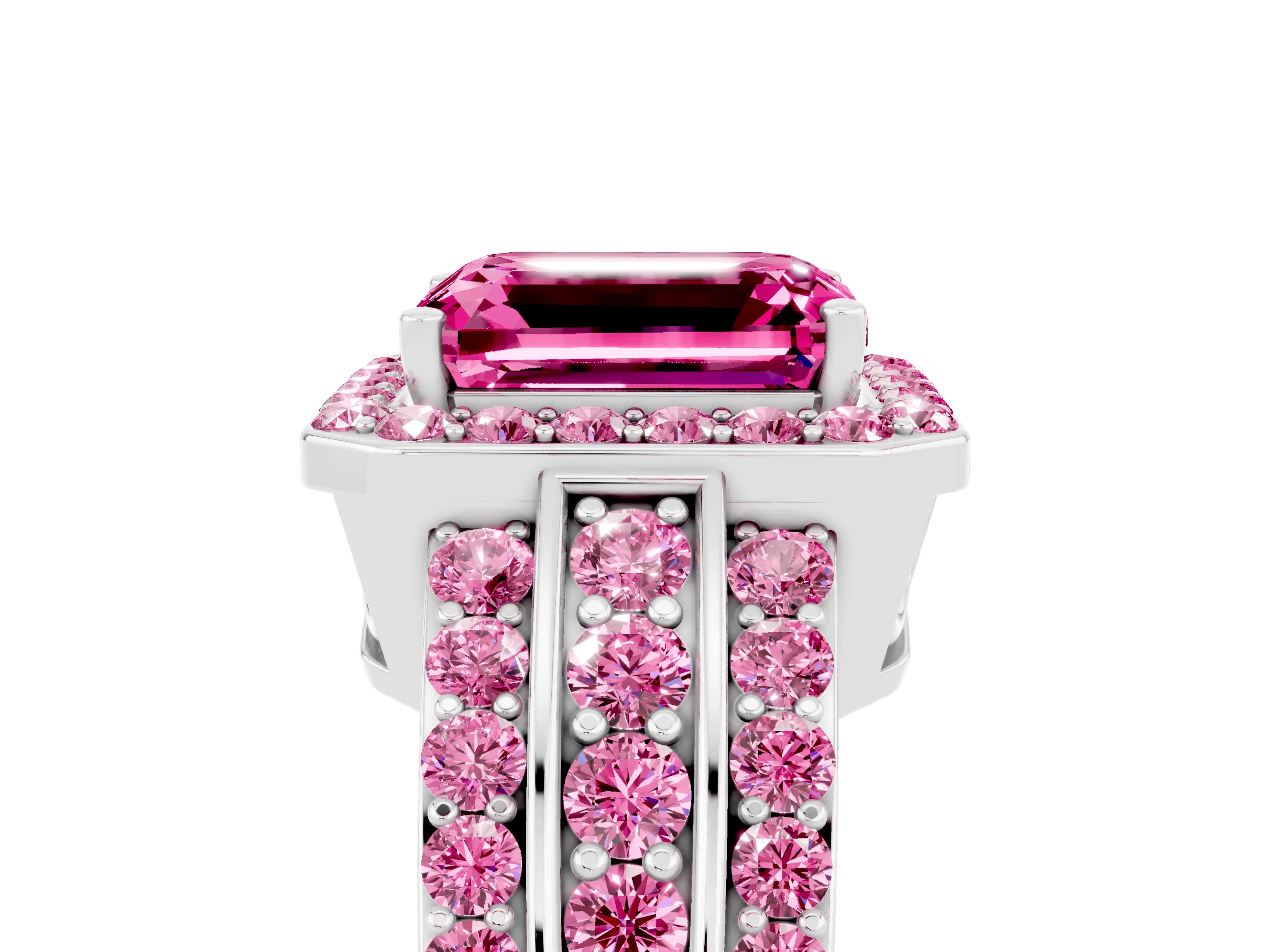 White gold Emerald Cut Halo Pink Sapphire Ring with Split Shank and Four-Prong Setting_5
