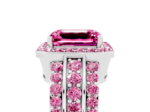 White gold Emerald Cut Halo Pink Sapphire Ring with Split Shank and Four-Prong Setting_5