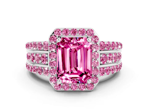 White gold Emerald Cut Halo Pink Sapphire Ring with Split Shank and Four-Prong Setting