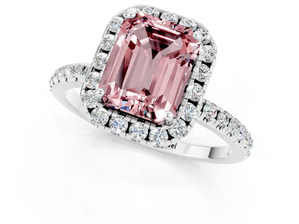Platinum Emerald Cut Halo Round Diamond Pavé Band Four-Prong Ring