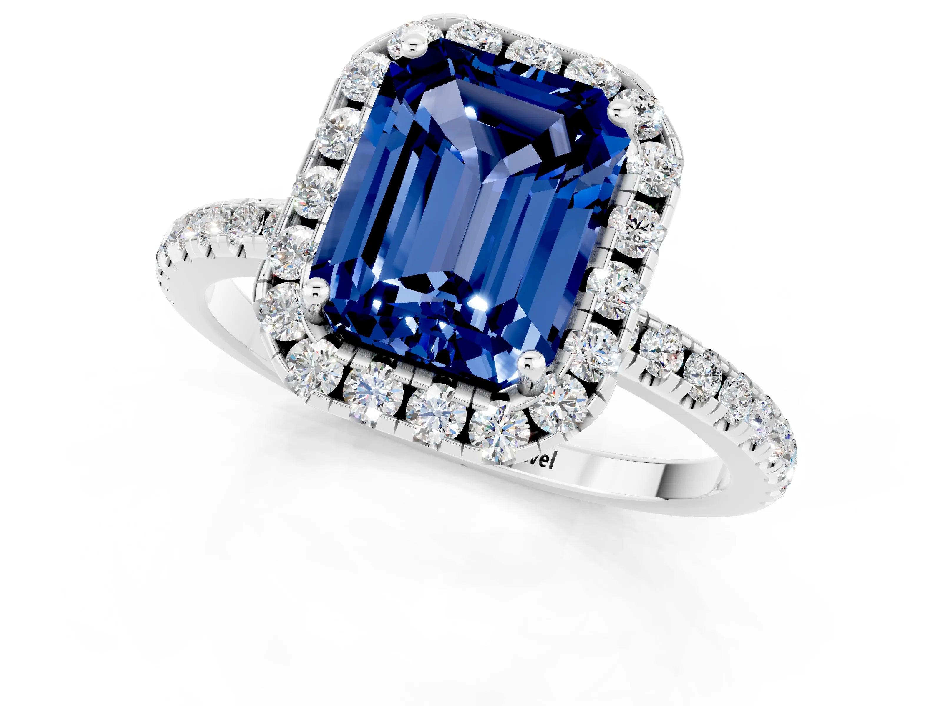 White gold Emerald Cut Halo Round Diamond Pavé Band Four-Prong Ring_1