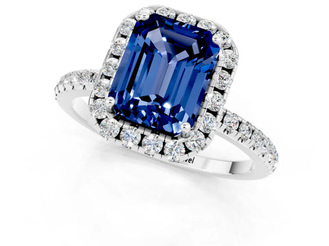 White gold Emerald Cut Halo Round Diamond Pavé Band Four-Prong Ring_1