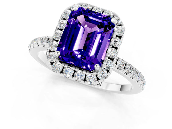 Platinum Emerald Cut Tanzanite Halo Ring with Round Pavé Band and Prong Setting